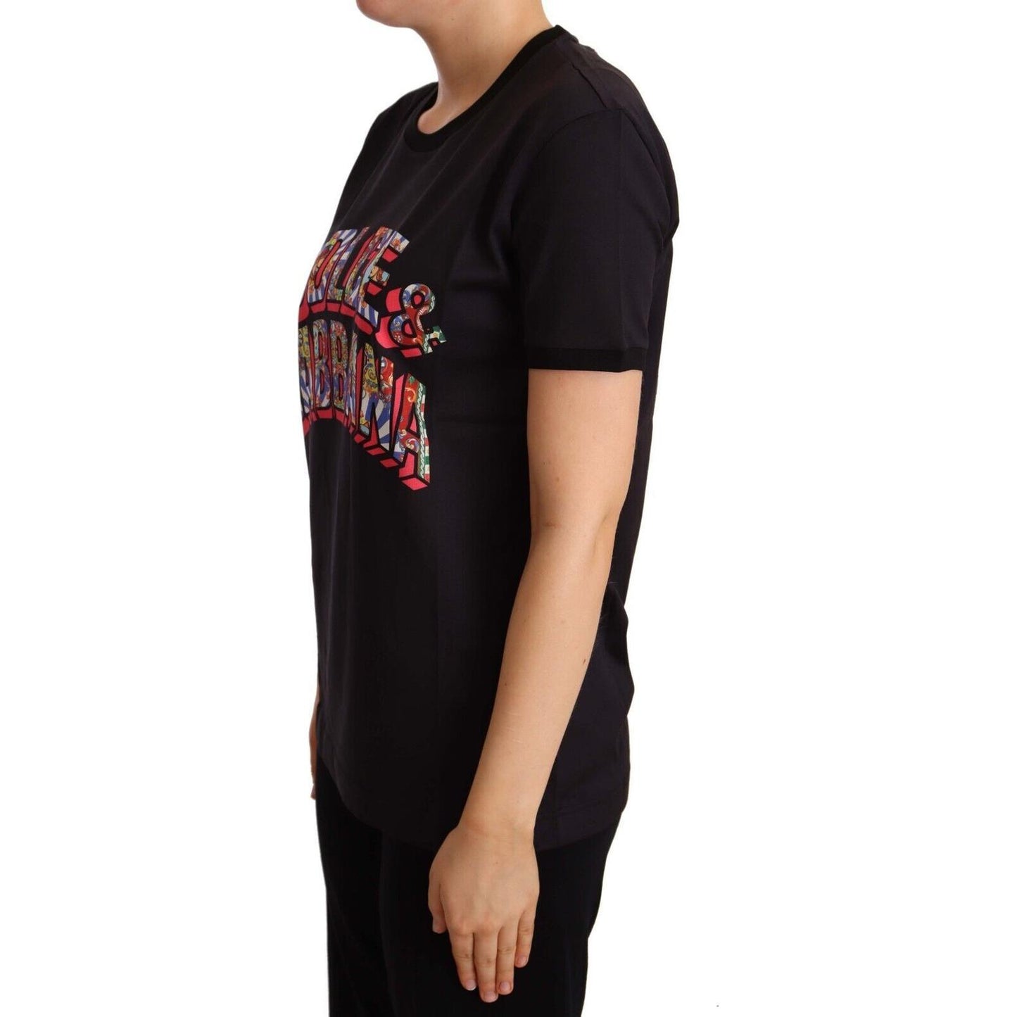 Dolce & Gabbana Black Cotton Large Print Top Crewneck T-shirt