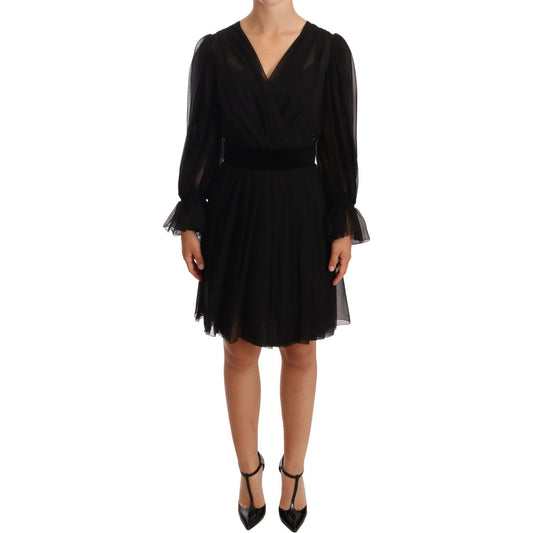 Dolce & Gabbana Black Mesh Pleated Mini Silk Stretch Dress WOMAN DRESSES