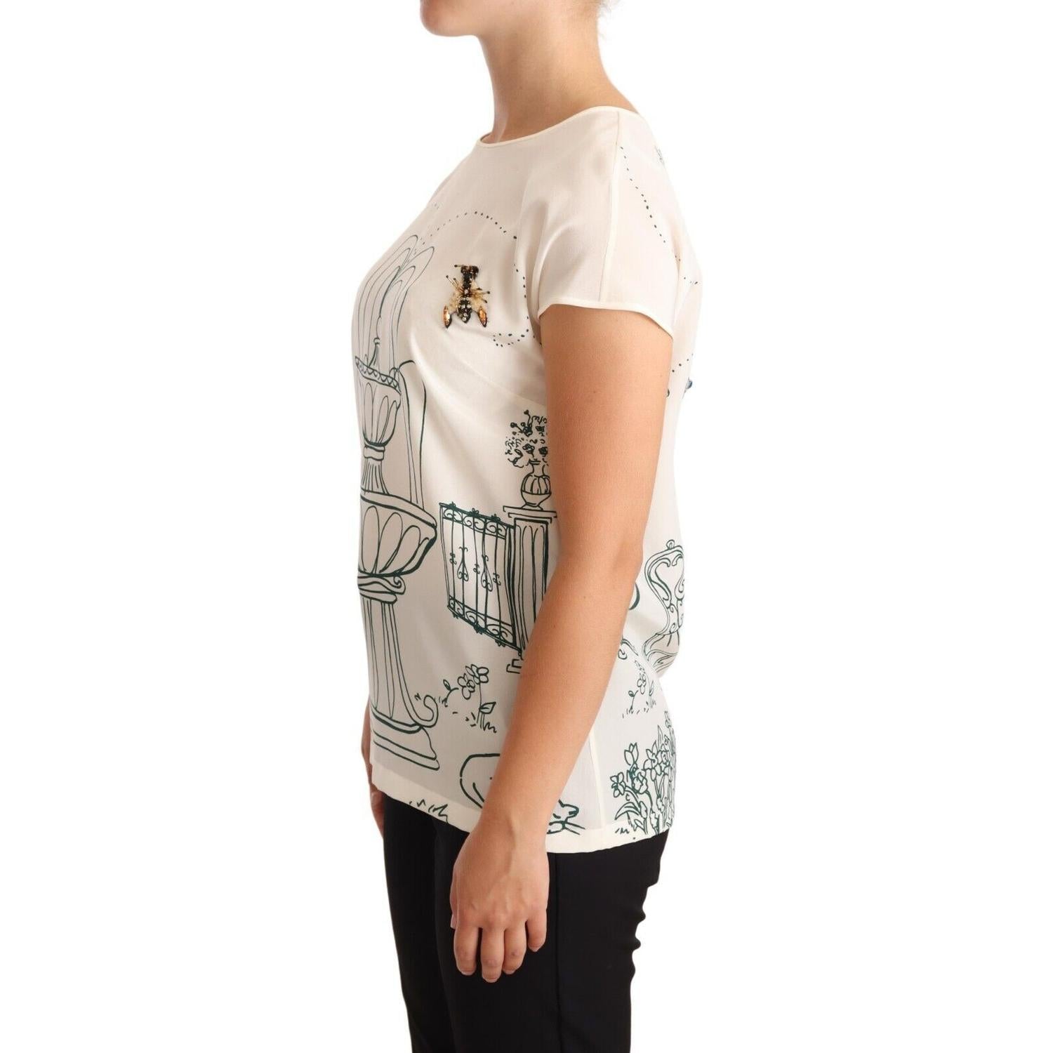 Dolce & Gabbana White Silk Garden Fountain T-Shirt Blouse