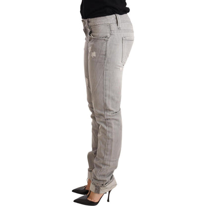 Acht Gray Tattered Cotton Slim Fit Folded Hem Women Denim Jeans Jeans & Pants