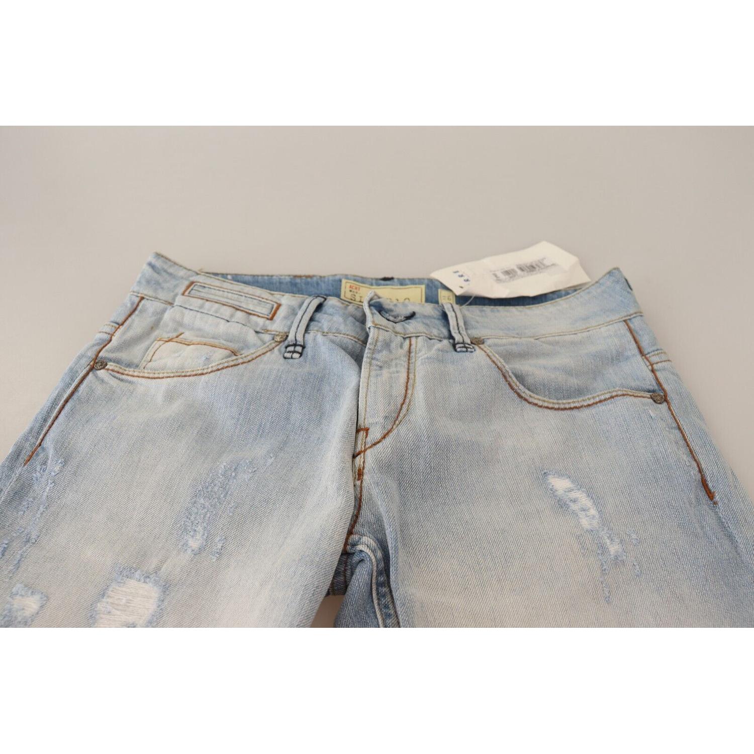 Acht Light Blue Distressed Cotton Folded Hem Denim Trouser Jeans