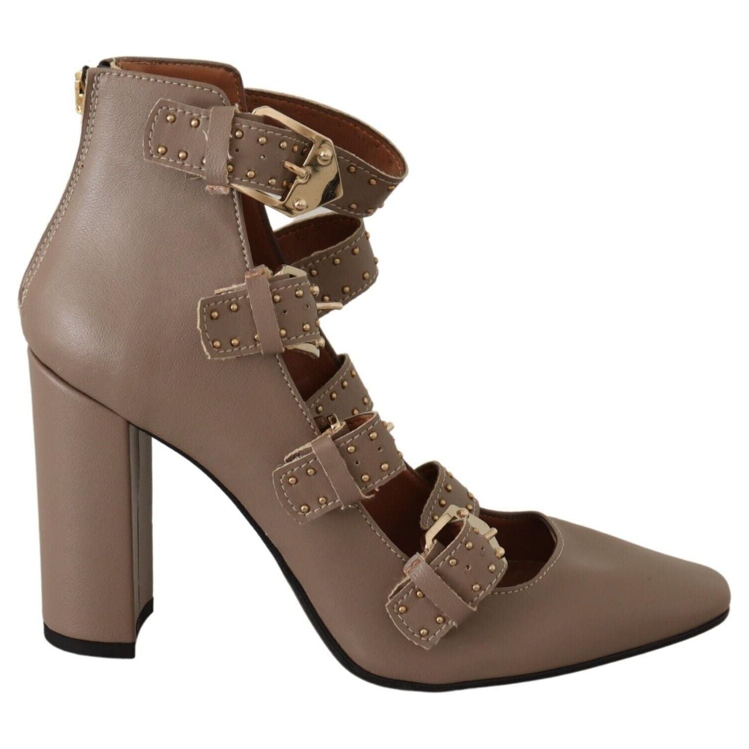 MY TWIN Brown Leather Block Heels Multi Buckle Pumps Shoes