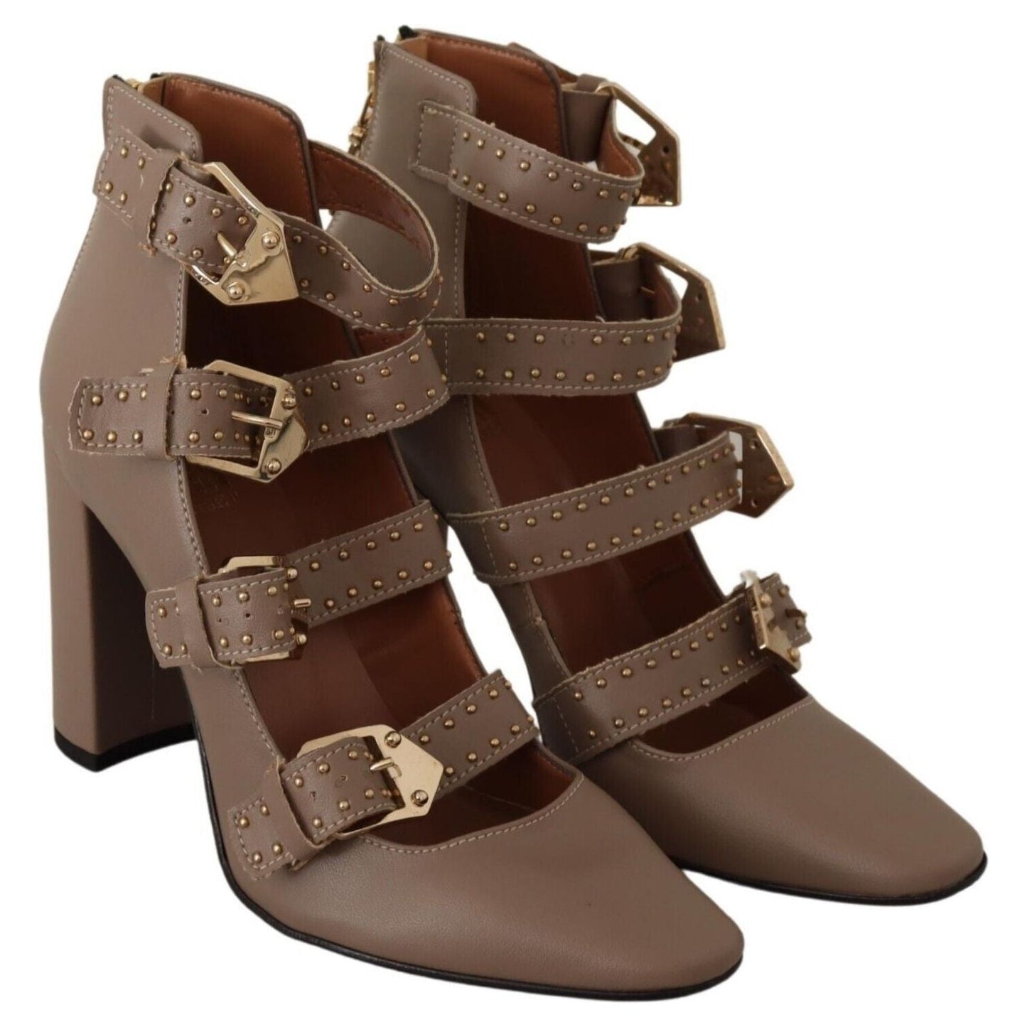 MY TWIN Brown Leather Block Heels Multi Buckle Pumps Shoes WOMAN PUMPS