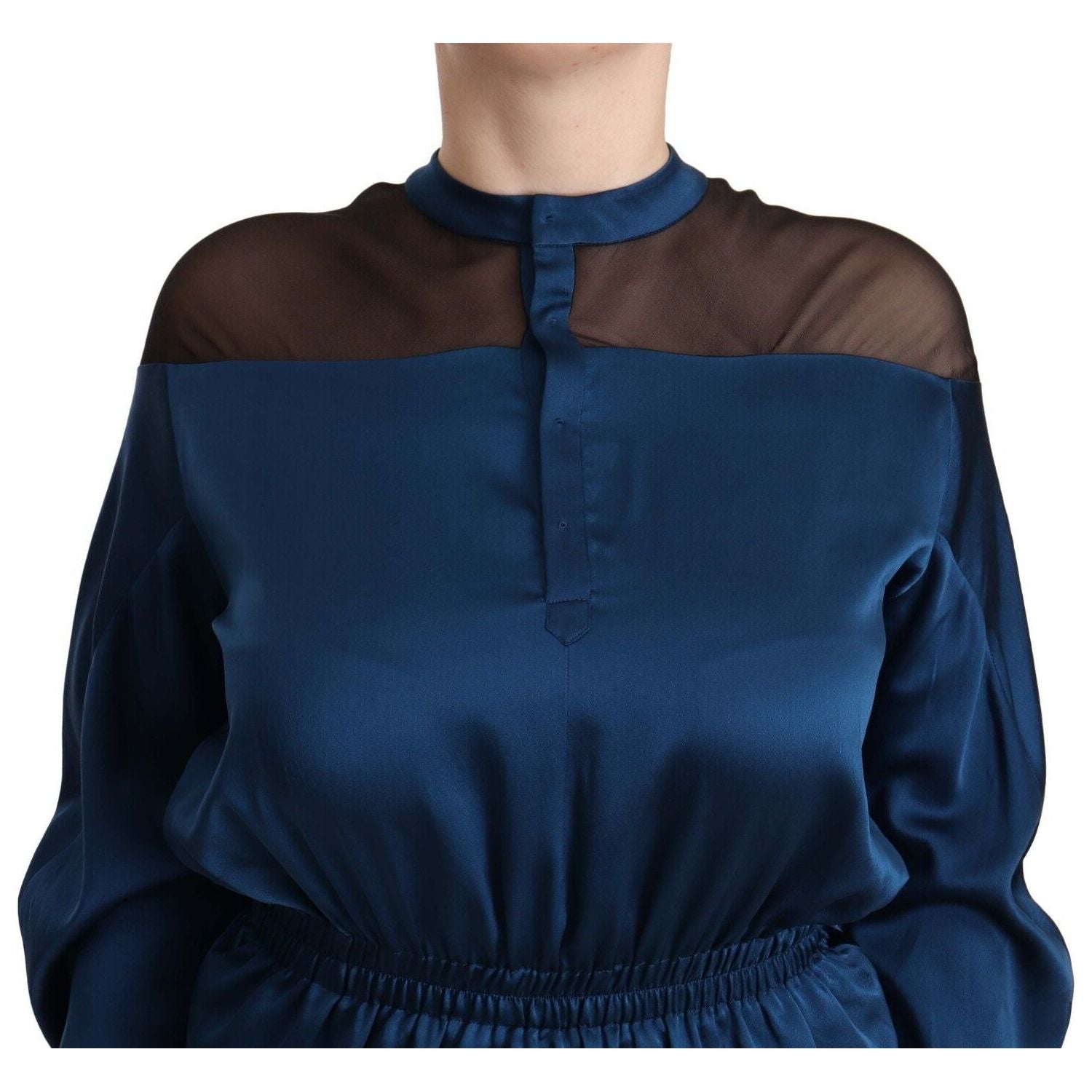 Masha Ma Blue Silk Long Sleeves Elastic Waist Top Blouse