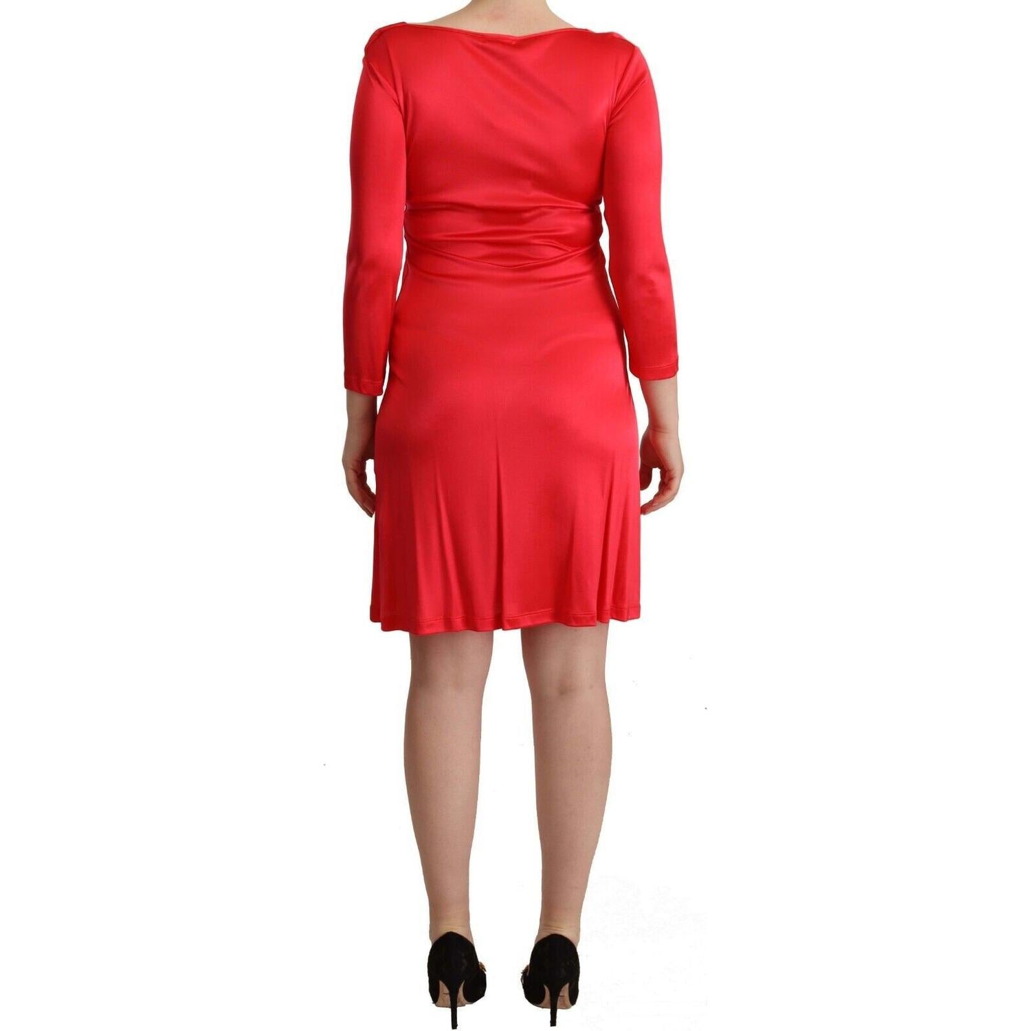 John Galliano Red Viscose 3/4 Sleeves Deep Round Neck Sheath Dress