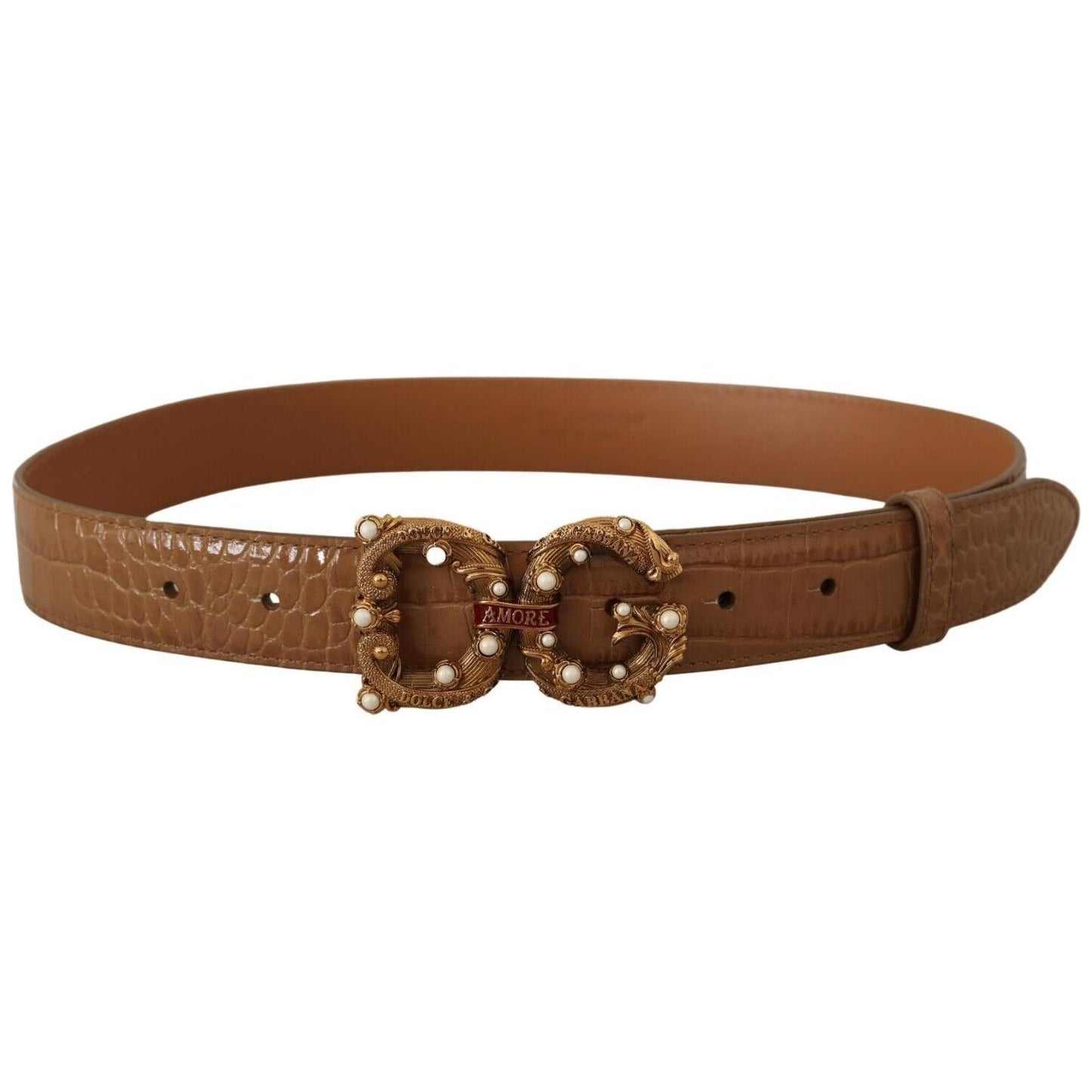 Dolce & Gabbana Brown Crocodile Pattern Leather Logo Amore Belt WOMAN BELTS