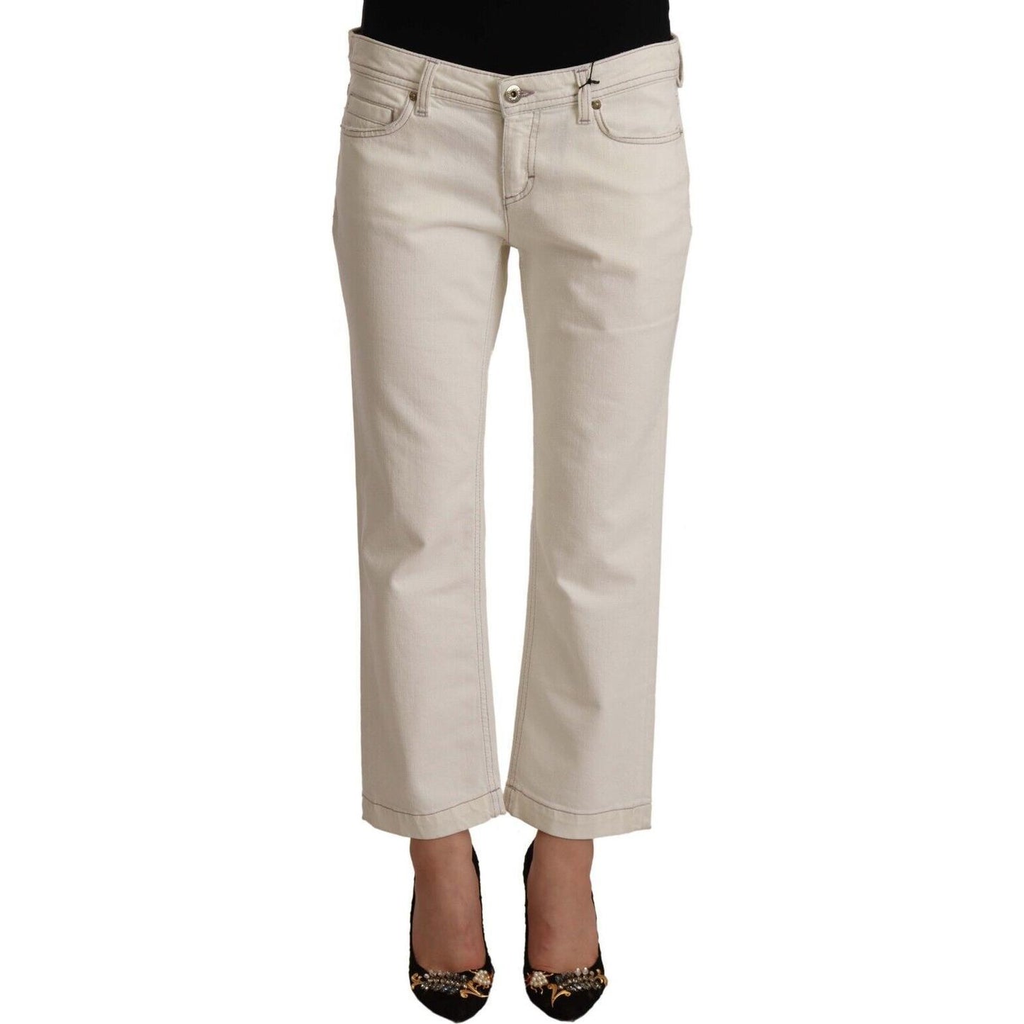 Dolce & Gabbana Off White Cotton Flared Cropped Denim Jeans