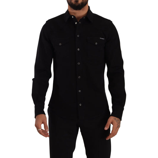Dolce & Gabbana Black Slim Cotton Denim Stretch Shirt