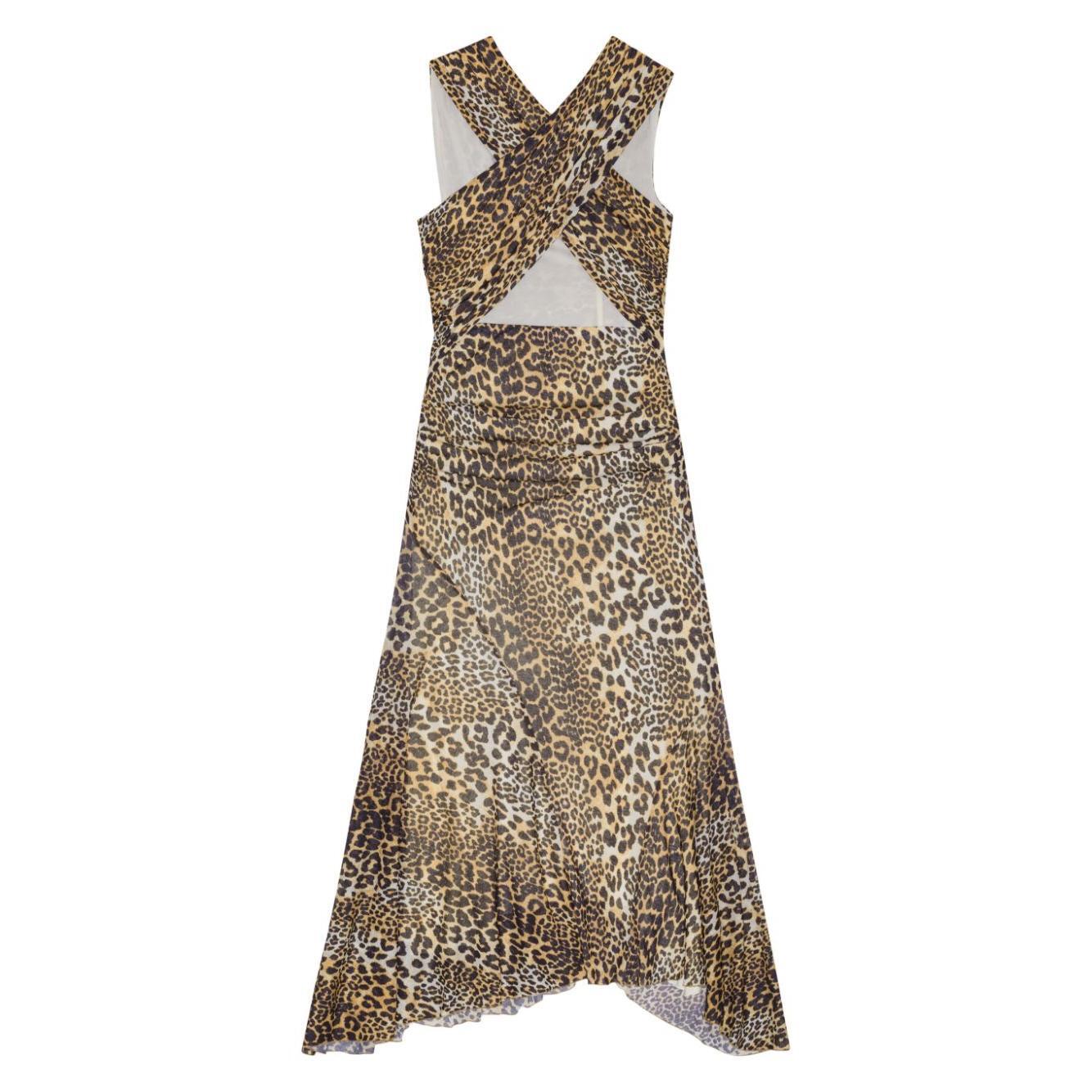 Ganni Leopard Marl Mesh Long Ruched Crossover Dress T4133943-P25