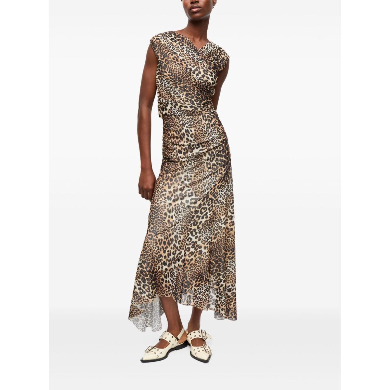 Ganni Leopard Marl Mesh Long Ruched Crossover Dress T4133943-P25
