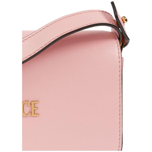 Light pink Versace Tag mini shoulder bag with foldover top and adjustable strap.