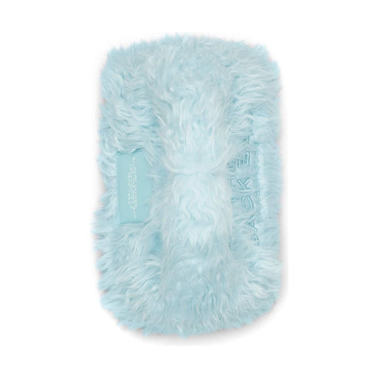 Marc Jacobs blue faux fur mini sack tote bag with embroidered logo, magnetic fastening, and single handle.