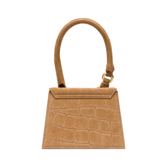 Jacquemus Le Chiquito Moyen Boucle tote bag in camel brown with embossed crocodile effect, detachable shoulder strap, and media buckle.