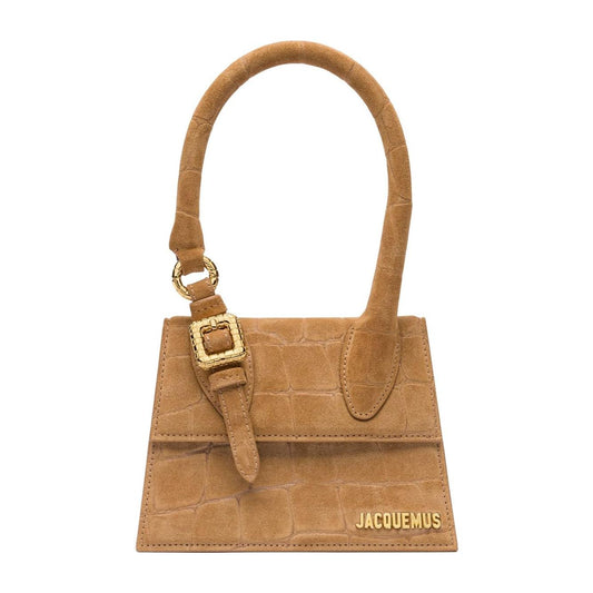 Jacquemus Le Chiquito Moyen Boucle tote bag in camel brown with crocodile embossed texture and gold buckle detail.