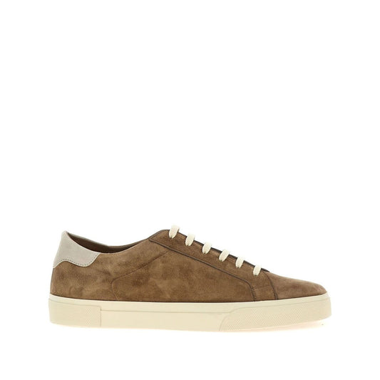 Brunello Cucinelli Suede sneakers in light brown with lace-up fastening, branded heel counter, and flat rubber sole, size 2 cm sole.