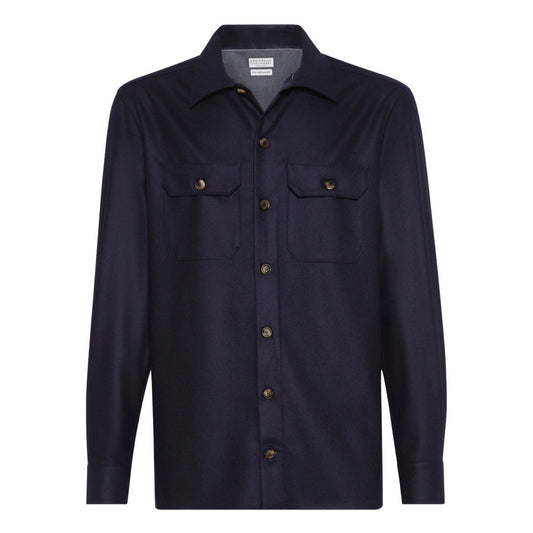 Brunello Cucinelli Shirts Blue featuring button fastening and chest flap pockets in wool.
