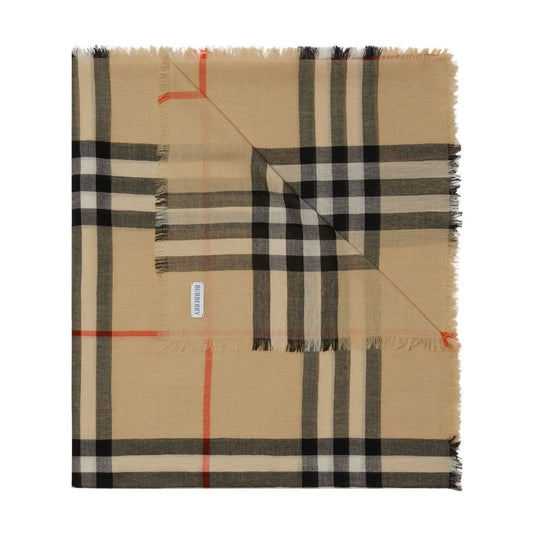 Burberry Check wool scarf in sand beige with black and red Vintage Check pattern, featuring appliqué logo and frayed edges.