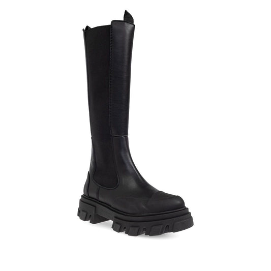 GANNI Boots Black with black faux-leather, elastic side panels, pull-tabs, chunky lug sole, round toe, high Chelsea style.