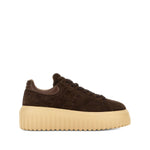 Hogan Pre Sneakers Hogan H-Stripes in brown leather with H-Stripes, front lace-up, round toe, and branded insole on a platform sole.