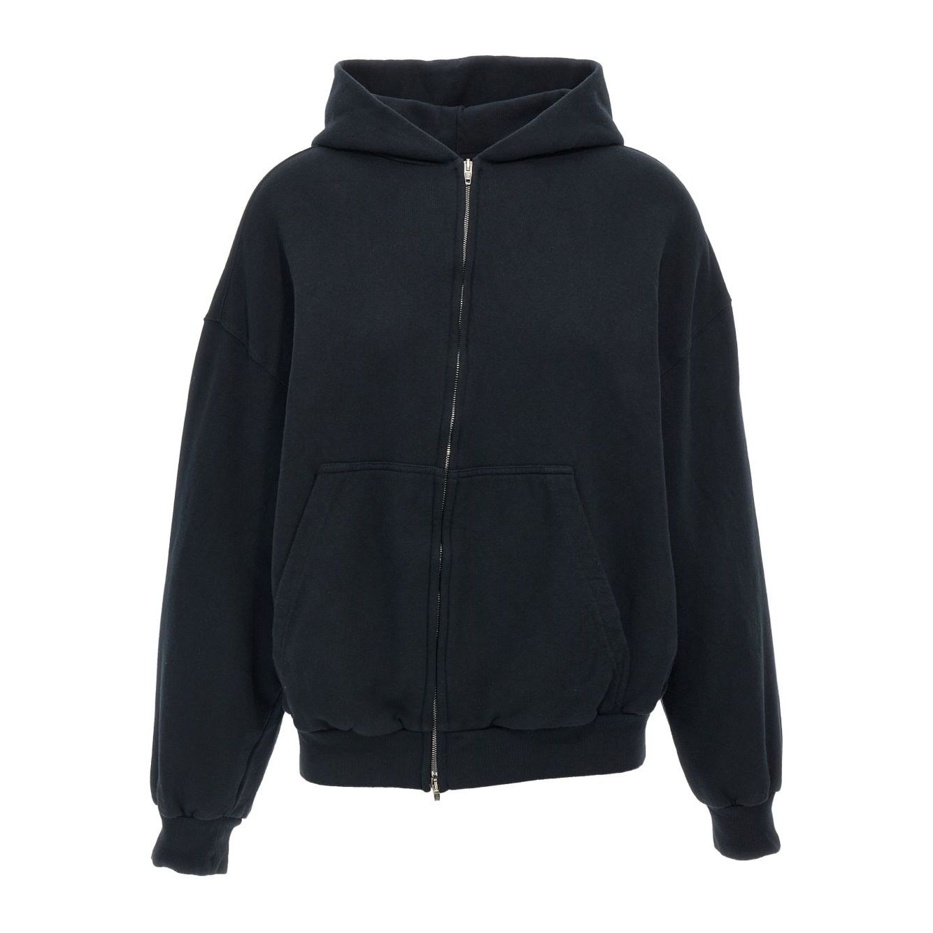 Balenciaga Sweaters Black featuring a black hoodie with dropped shoulders, front zip, long sleeves, cuffs, and back embroidery.