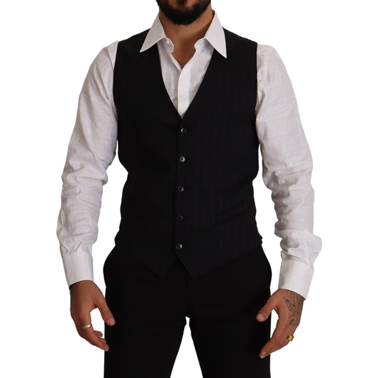 Dolce & Gabbana Blue Striped Wool Stretch Waistcoat Vest