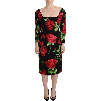 Dolce & Gabbana Black Red Roses Sheath Stretch Silk Dress