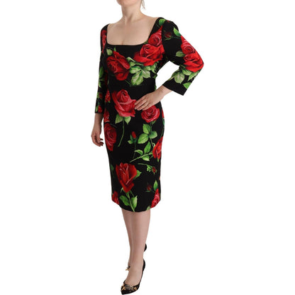 Dolce & Gabbana Black Red Roses Sheath Stretch Silk Dress