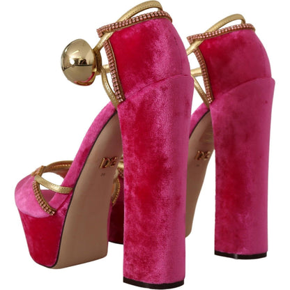 Dolce & Gabbana Pink Velvet Crystal Ankle Strap Sandals Shoes
