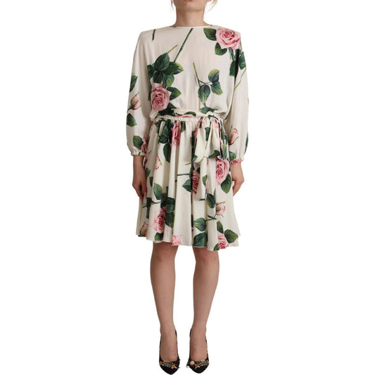 Dolce & Gabbana White Rose Print Long Sleeves A-line Dress