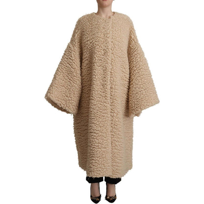 Dolce & Gabbana Beige Cashmere Wool Faux Fur Coat Jacket