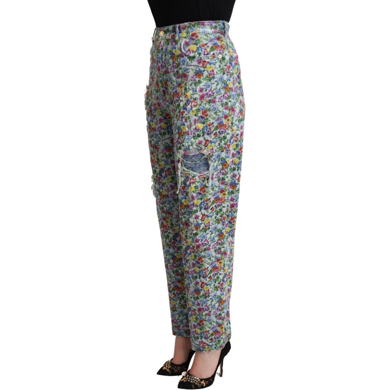 Dolce & Gabbana Blue Floral Print High Waist Denim Tapered Jeans