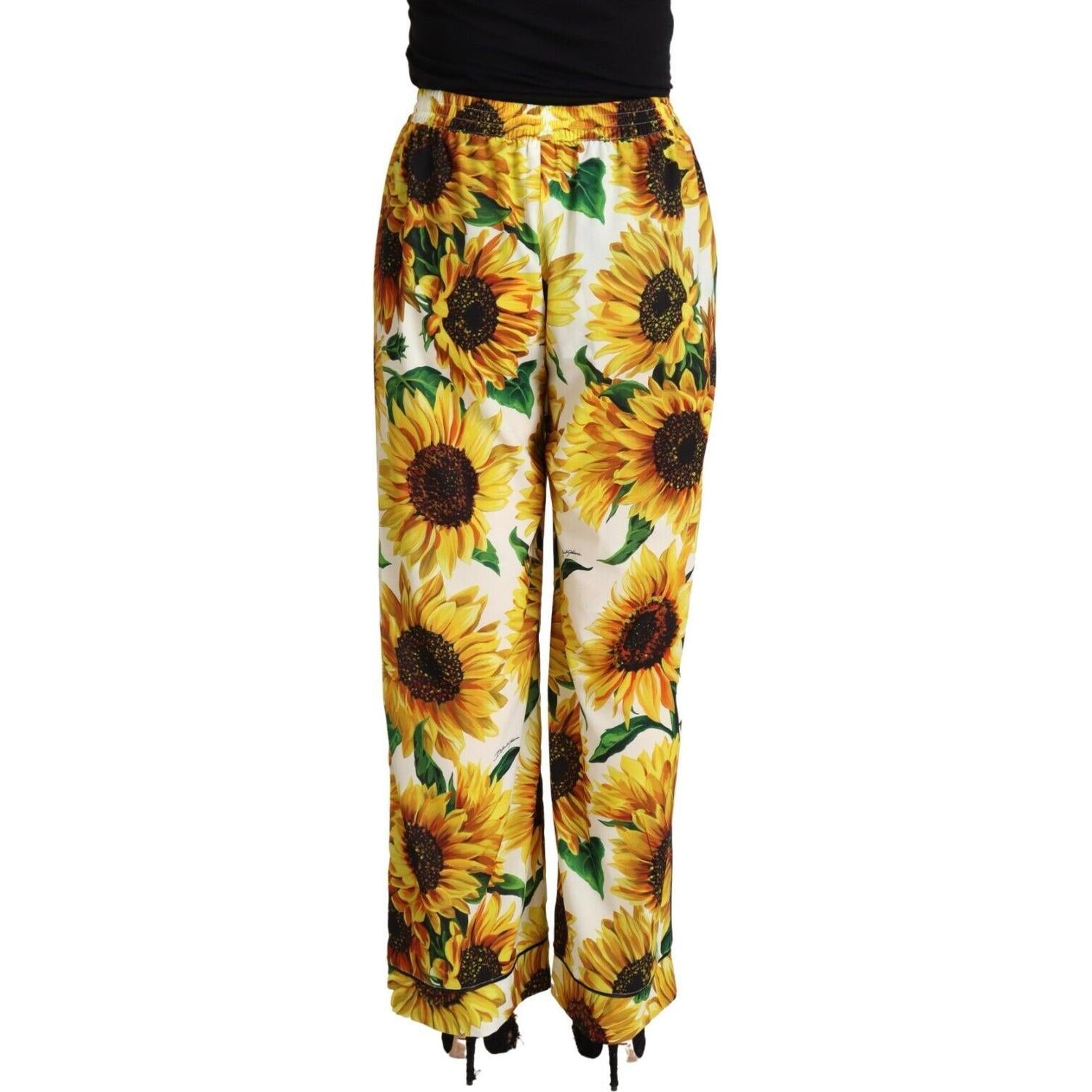 Dolce & Gabbana White Sunflower Print Mid Waist Wide Leg Pants