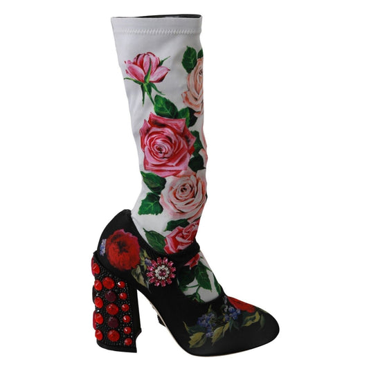 Dolce & Gabbana Black Floral Socks Crystal Jersey Boots Shoes