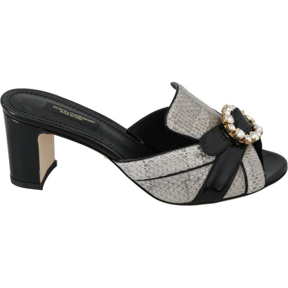 Dolce & Gabbana Black Gray Exotic Leather Crystals Sandals Shoes