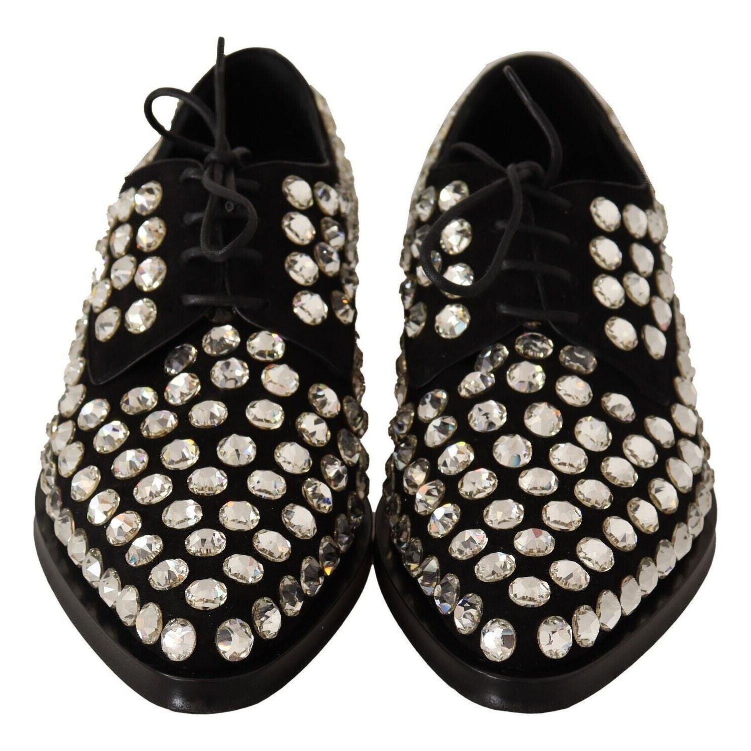 Dolce & Gabbana Black Leather Crystals Lace Up Formal Shoes