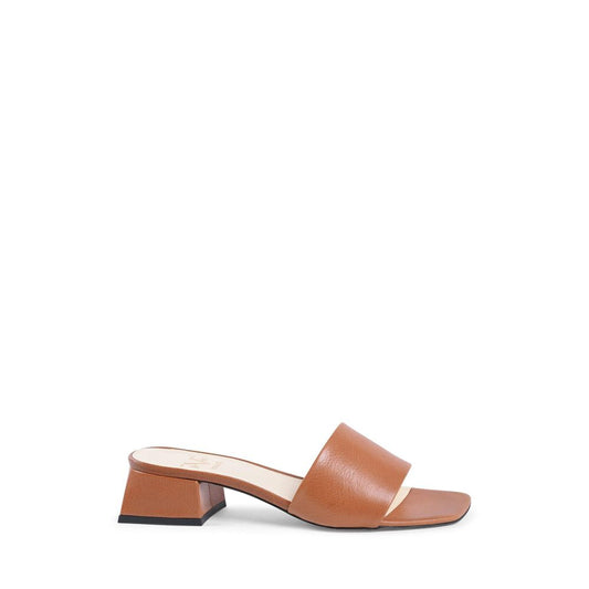 19V69 Italia Brown Leather Sandal with tan leather, 4 cm heel, women's size, 100% leather upper, synthetic sole, made in Italy.