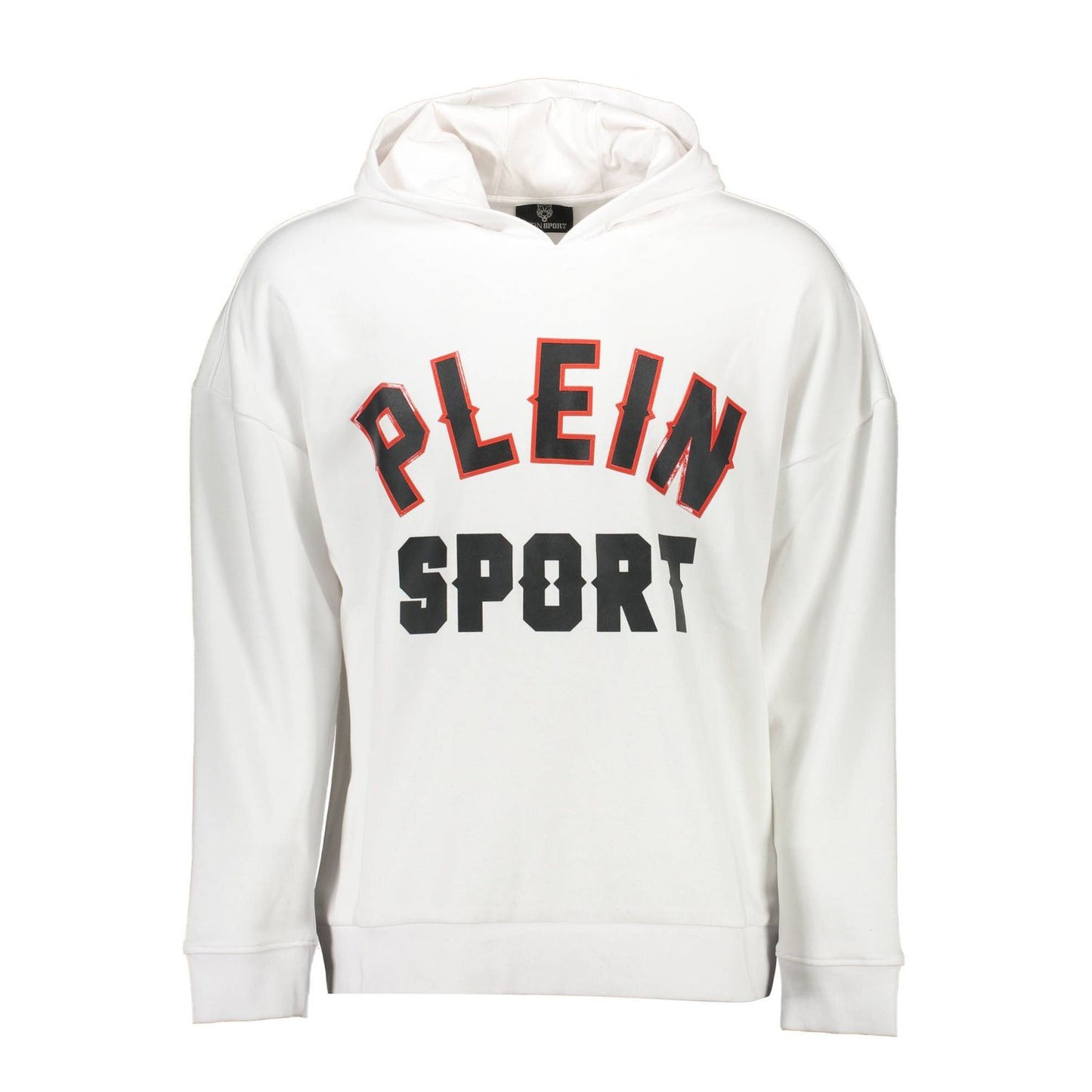 Plein Sport White Cotton Men Sweater with bold logo design and contrasting details, perfect for fashion-forward individuals seeking style.