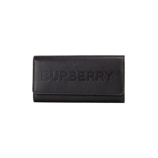 Burberry Porter Black Grained Leather Branded Logo Embossed Clutch Flap Wallet