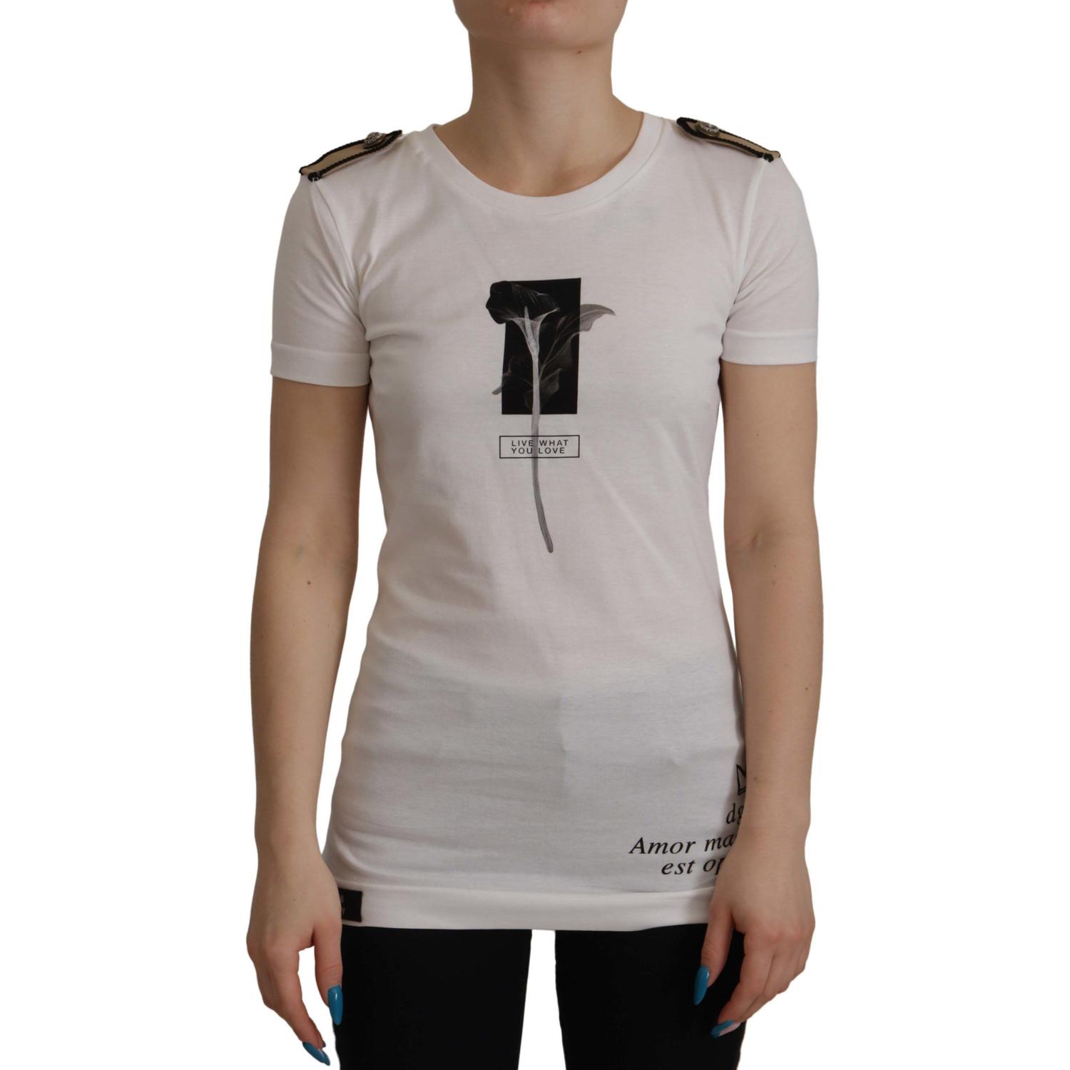 Dolce & Gabbana White Black Roses Crewneck Cotton  T-shirt