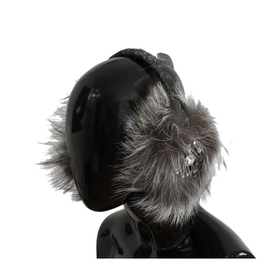 Dolce & Gabbana Gray Fox Fur Crystal Ear Muffs