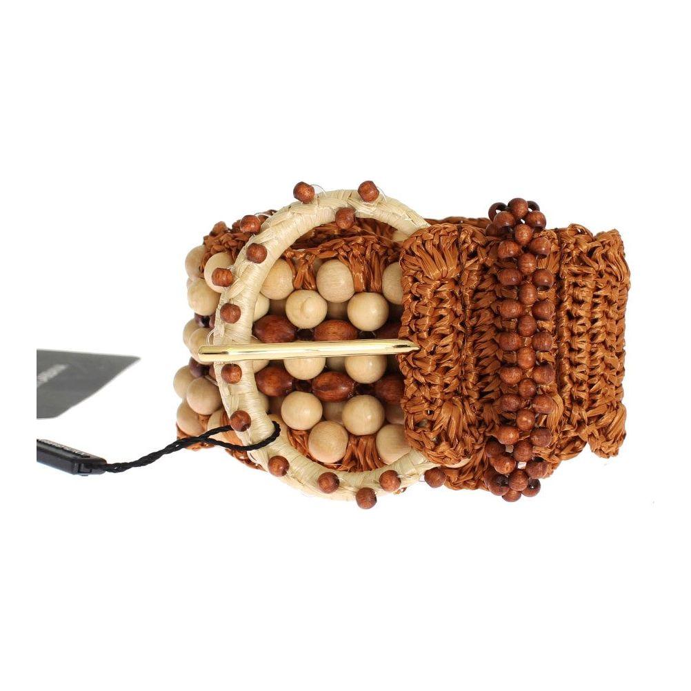 Dolce & Gabbana Brown Raffia Wood Beaded Wide Waist Belt Belt