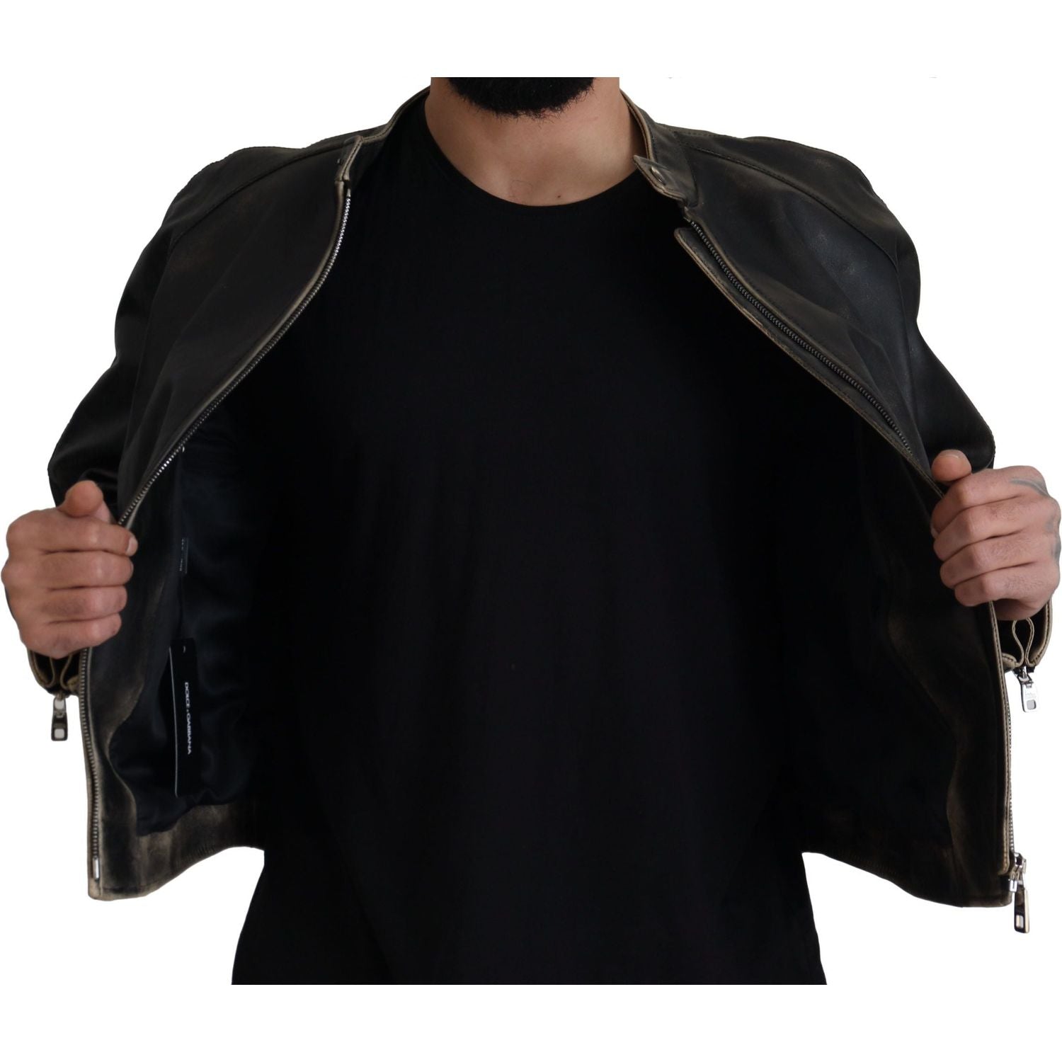 Dolce & Gabbana Black Leather Zipper Biker Coat Jacket
