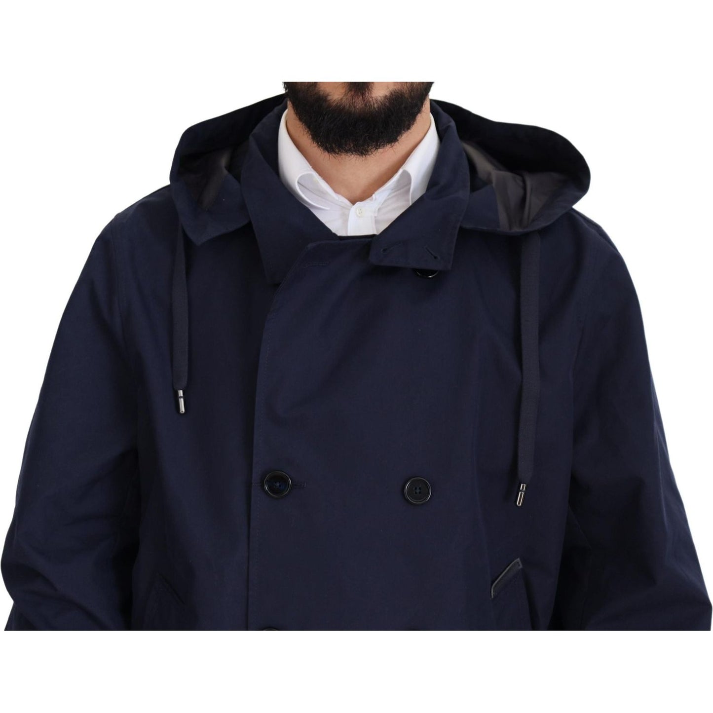 Dolce & Gabbana Blue Hooded Double Breasted Coat Jacket