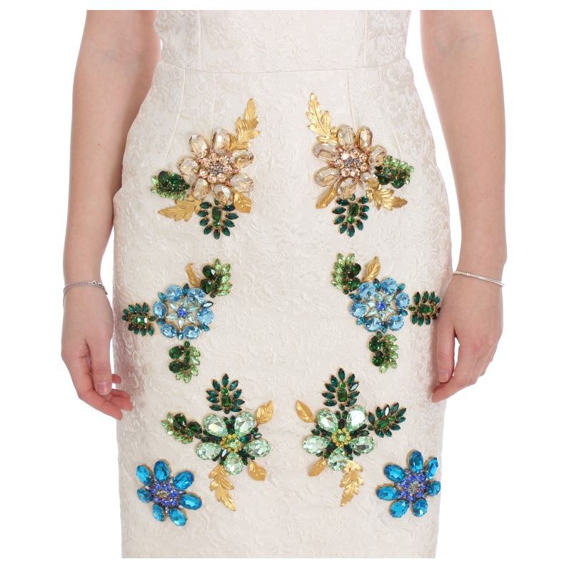 Dolce & Gabbana White Brocade Crystal Sheath Dress