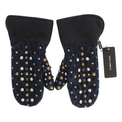 Dolce & Gabbana Gray Wool Shearling Studded Blue Leopard Gloves