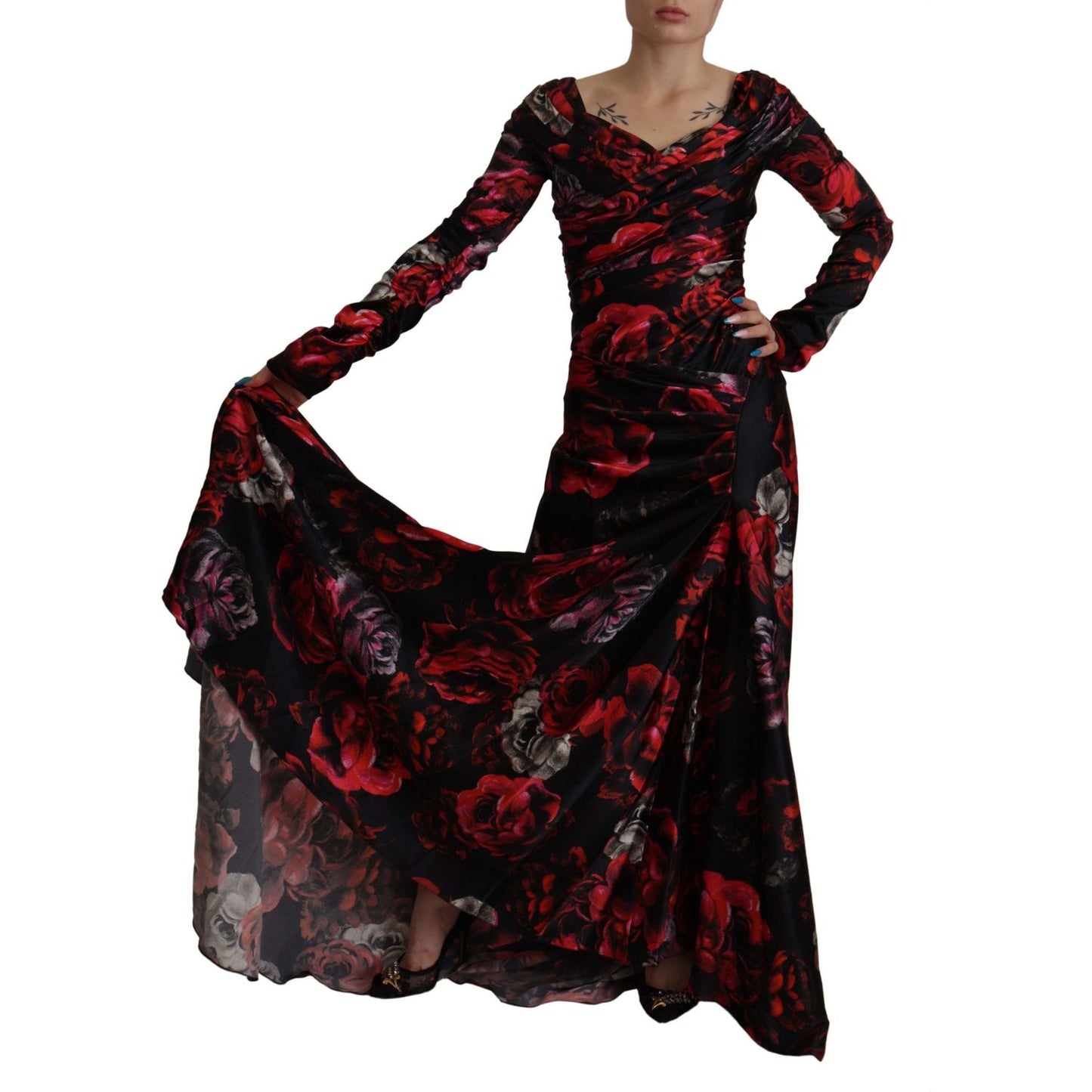 Dolce & Gabbana Black Floral Roses A-Line Sheath Gown Dress