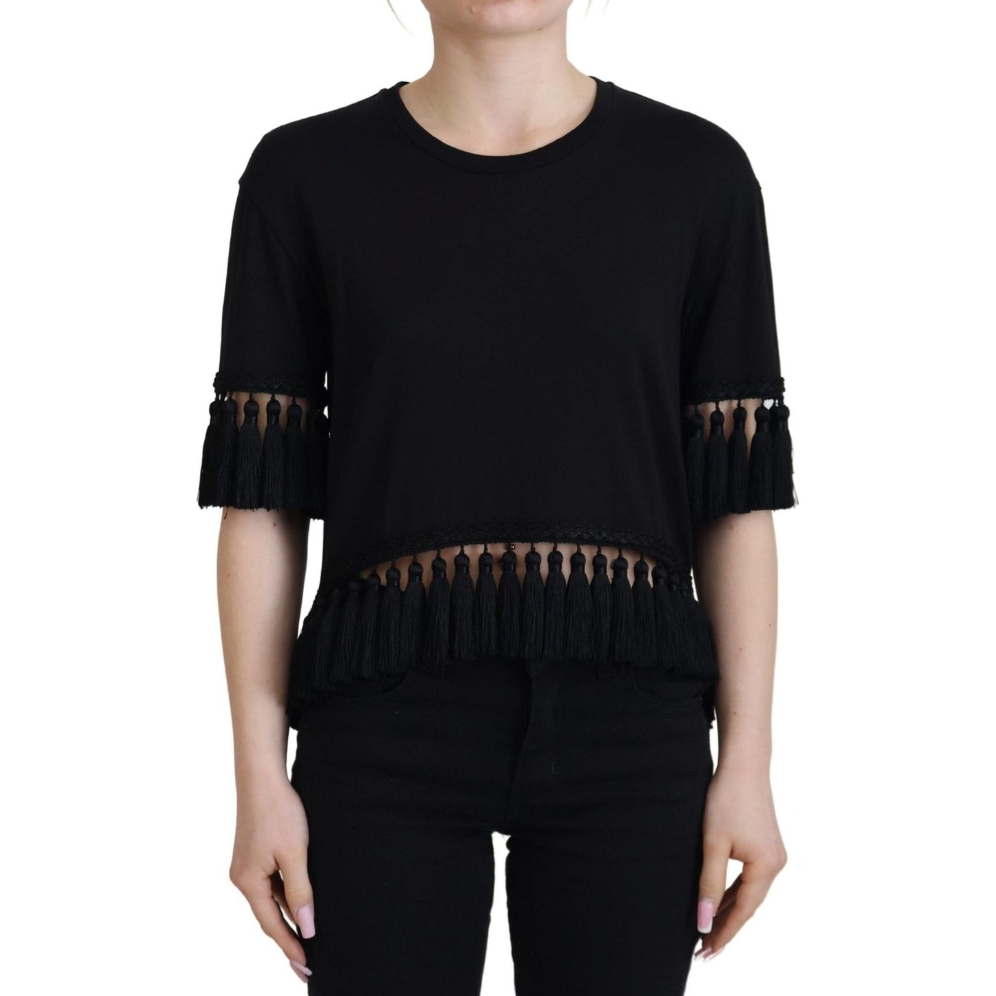 Dolce & Gabbana Black T-shirt Blouse Tassle Cotton Blouse