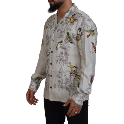 Dolce & Gabbana White Bird Print Silk Satin Casual Shirt