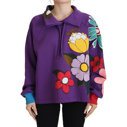Dolce & Gabbana Purple Floral Print Pullover Cotton Sweater