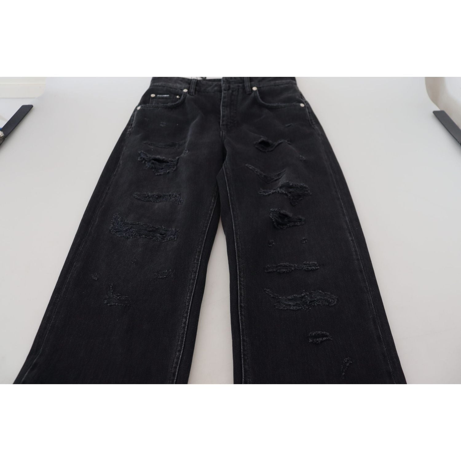 Dolce & Gabbana Black Cotton Tattered High Waist Denim Jeans